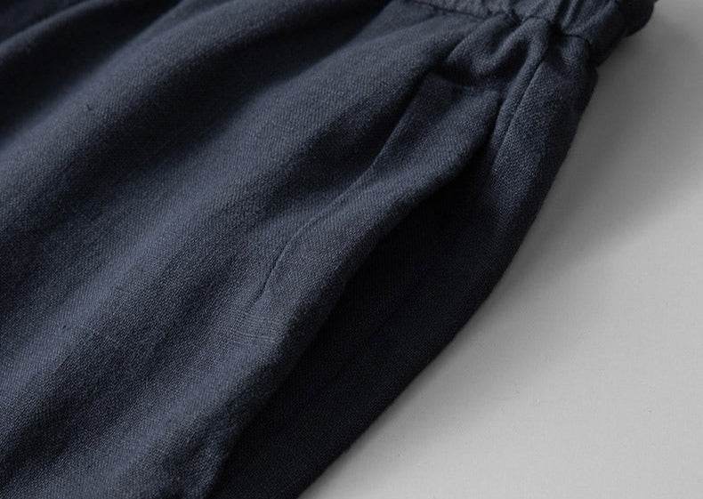 Pantaloni din in pentru bărbați de culoare bleumarin cu talie elastică pentru confort sporit
