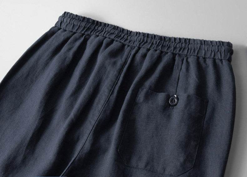 Pantaloni din in pentru bărbați, culoare închisă, cu talie elastică și buzunar cu nasture