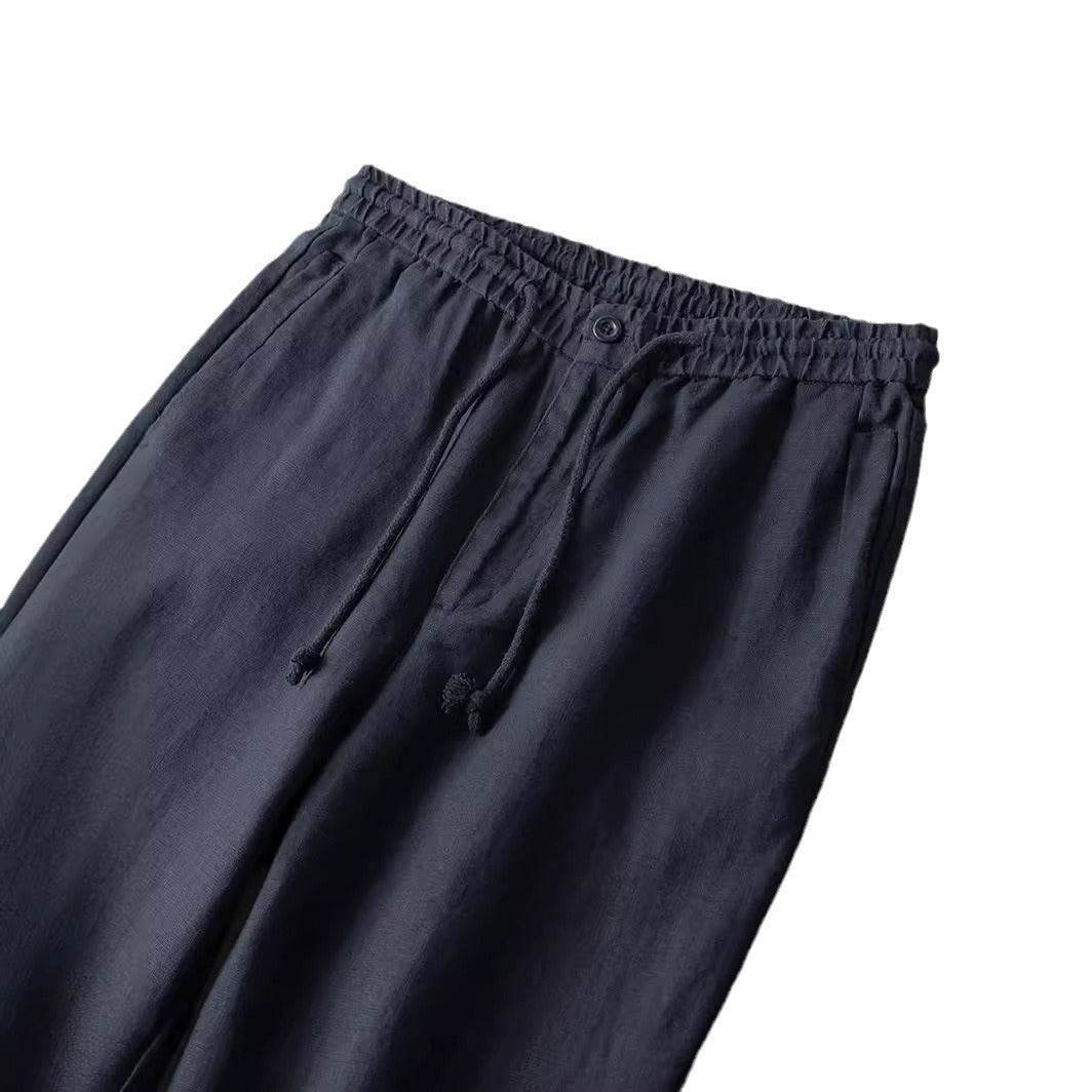 Pantaloni din in pentru bărbați de culoare închisă cu talie elastică și snur de ajustare