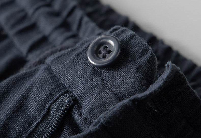 Detaliu nasture și elastic talie pantaloni din in pentru bărbați culoare închisă de la AM Vision RO