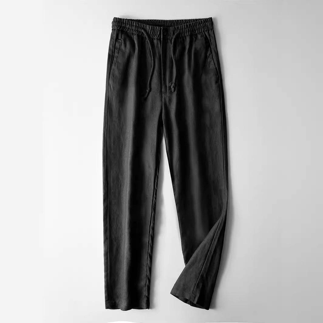 Pantaloni din in pentru bărbați de culoare neagră cu talie elastică și buzunare laterale