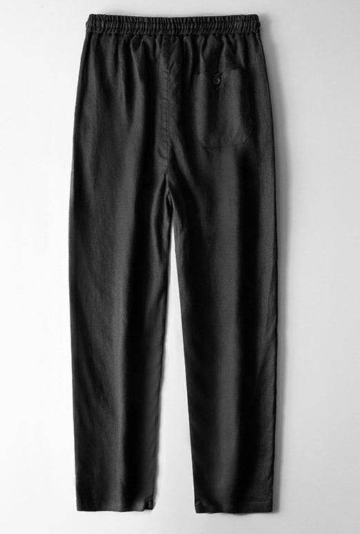 Pantaloni din in pentru bărbați în culoare neagră, cu talie elastică și buzunar posterior