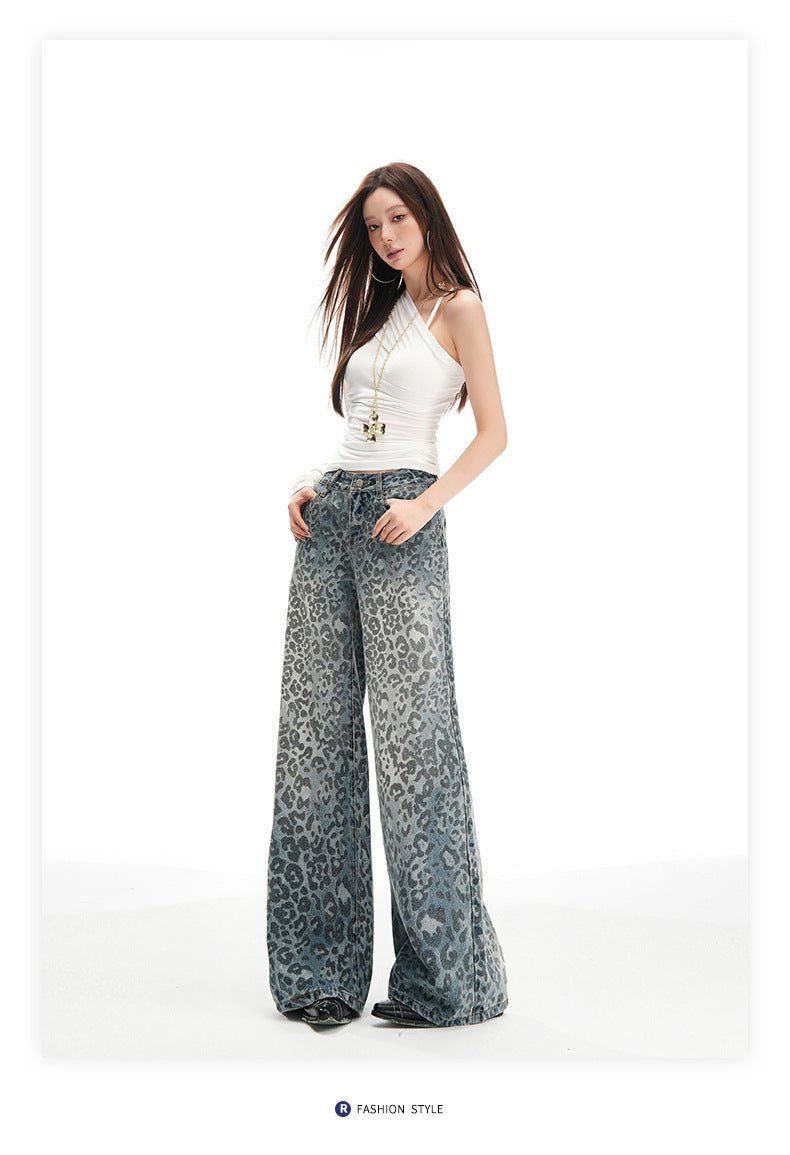 Pantaloni largi din denim cu imprimeu leopard, stilați pentru un look modern și confortabil