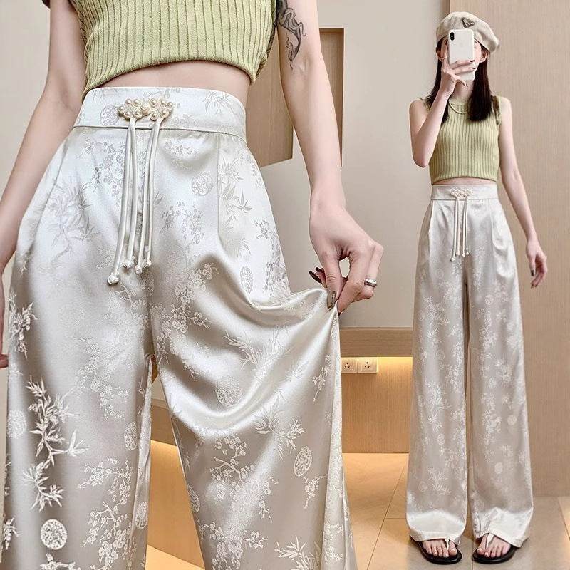 Pantaloni largi damă din satin cu imprimeu floral și talie înaltă, potriviți pentru ținută casual elegantă