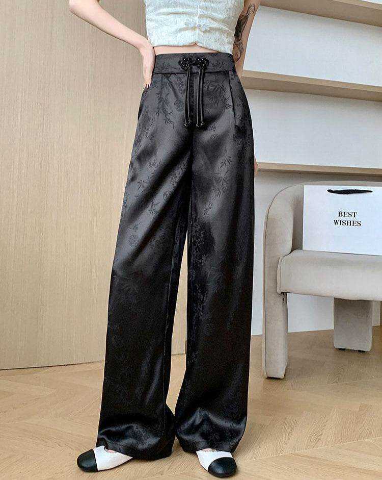 Pantaloni negri largi din satin cu imprimeu subtil floral și talie înaltă cu snur AM Vision RO