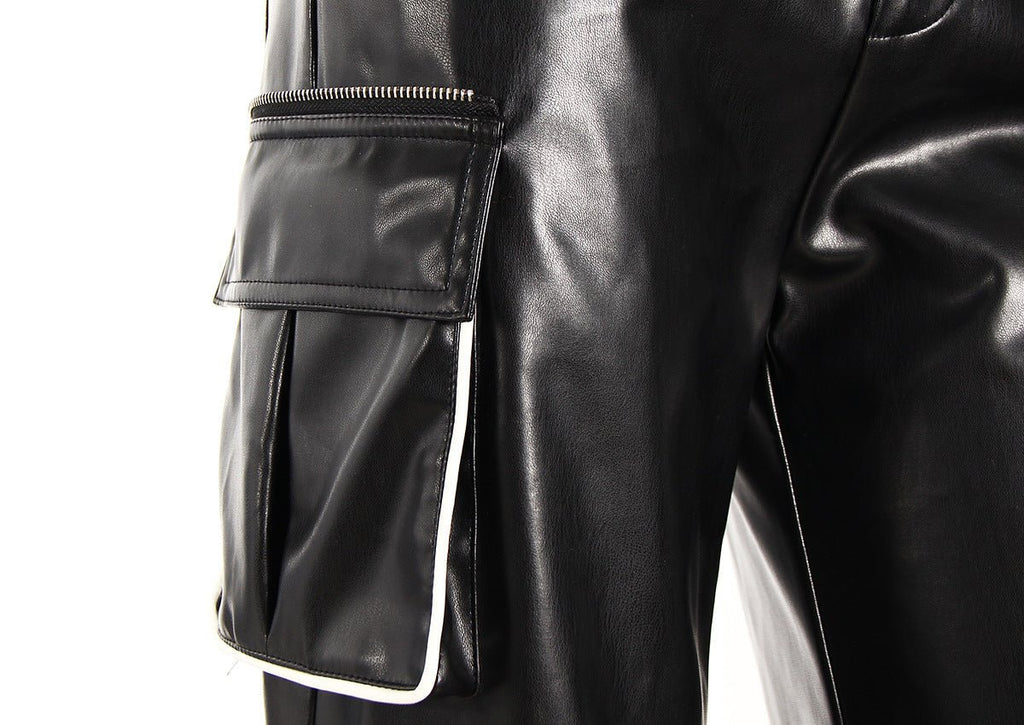 Close-up of AM Vision RO Streetwear Pants with Glossy Effect and Side Pockets in sleek black finish