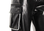 Close-up of AM Vision RO Streetwear Pants with Glossy Effect and Side Pockets in sleek black finish