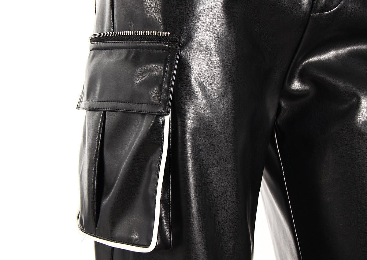 Close-up of AM Vision RO Streetwear Pants with Glossy Effect and Side Pockets in sleek black finish