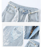 Light Blue High Waist Pants with Lace and Rips featuring Pearl Embellishments and Distressed Details