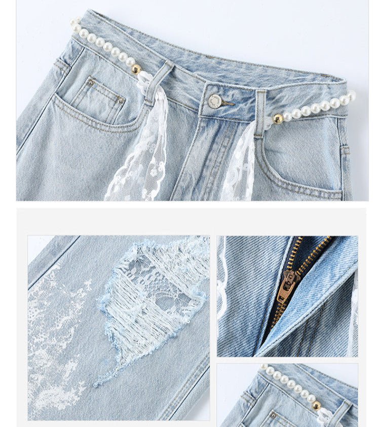 Light Blue High Waist Pants with Lace and Rips featuring Pearl Embellishments and Distressed Details