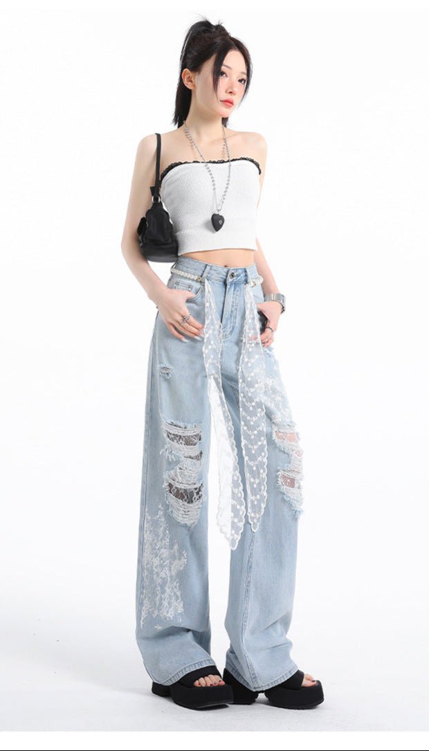 Pants with Lace and Rips - High Waist in light blue with decorative lace details and distressed rips