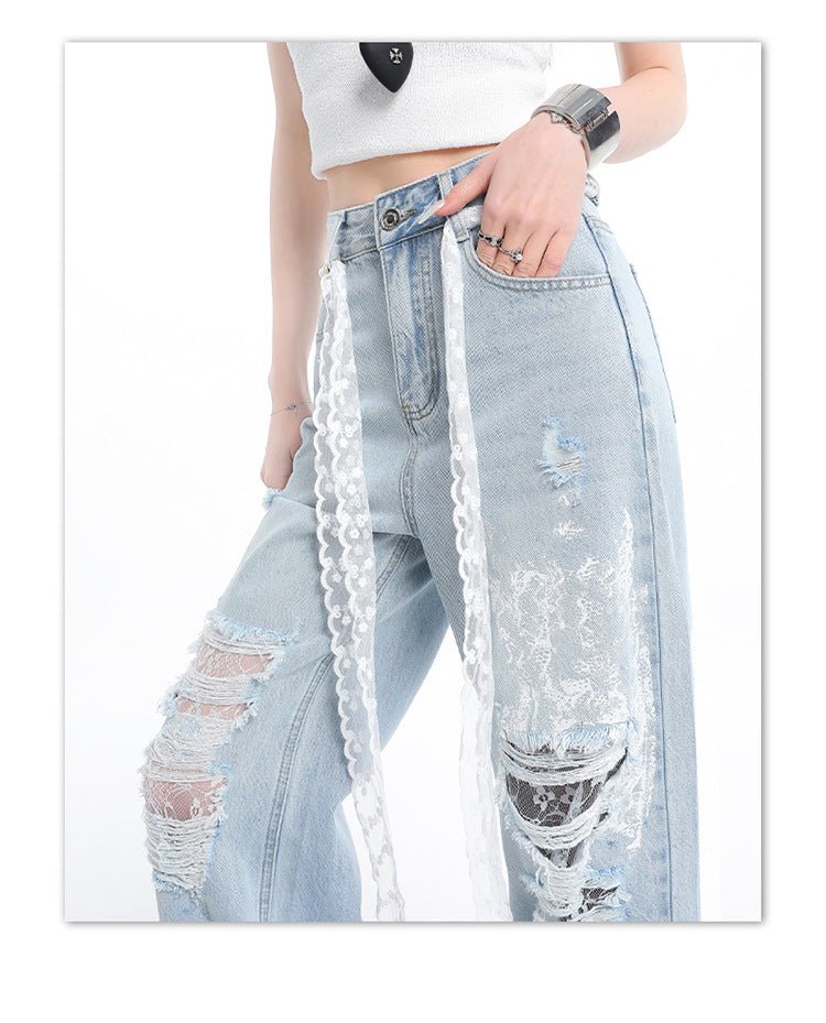 Light Blue High Waist Pants with Lace and Rips for a Stylish and Trendy Look