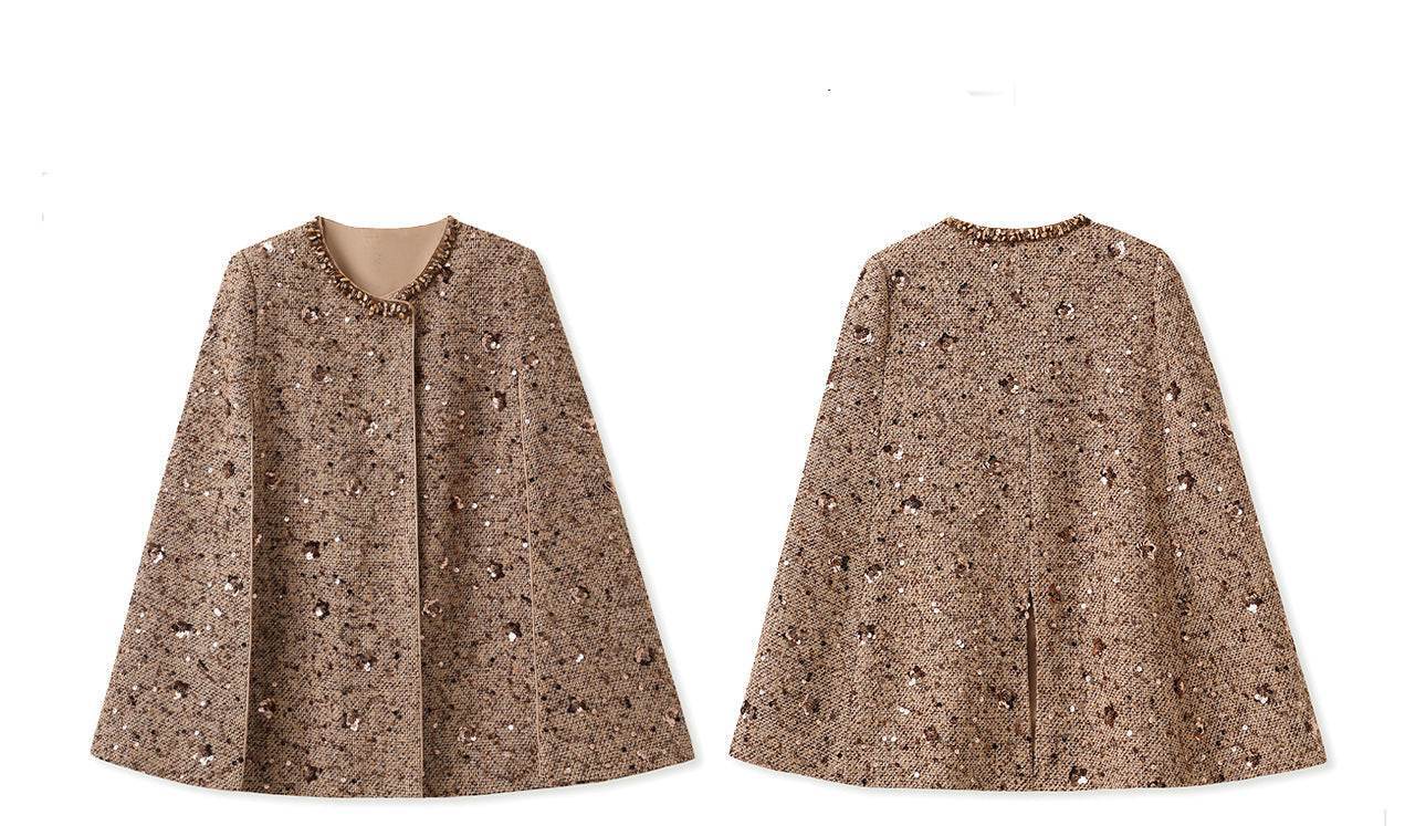 Pelerină tip jachetă mocha mousse din material texturat cu croială elegantă și fără guler