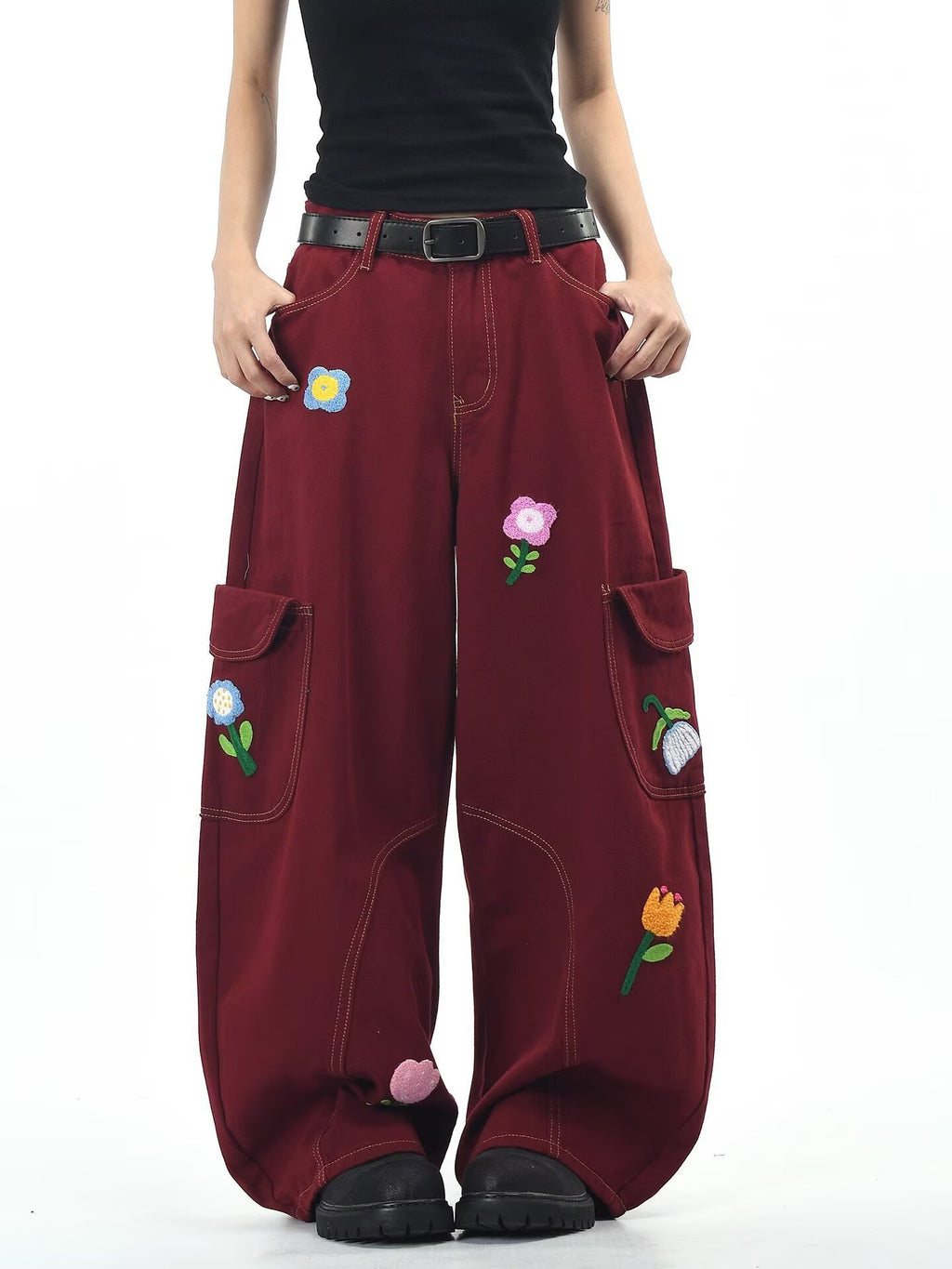 Trendy AM Vision RO Petal District Cargo Pants in burgundy with floral embroidery and oversized pockets