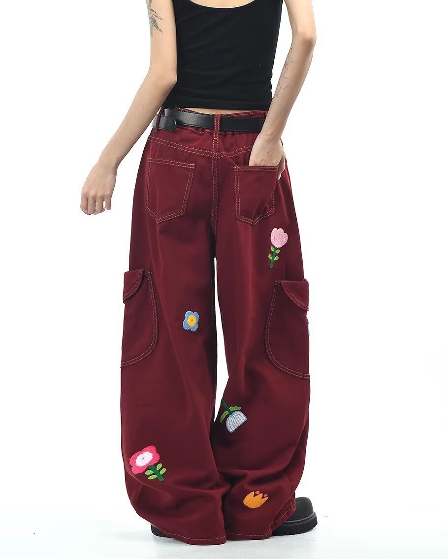 Trendy burgundy Petal District Cargo Pants with colorful flower embroidery and spacious pockets