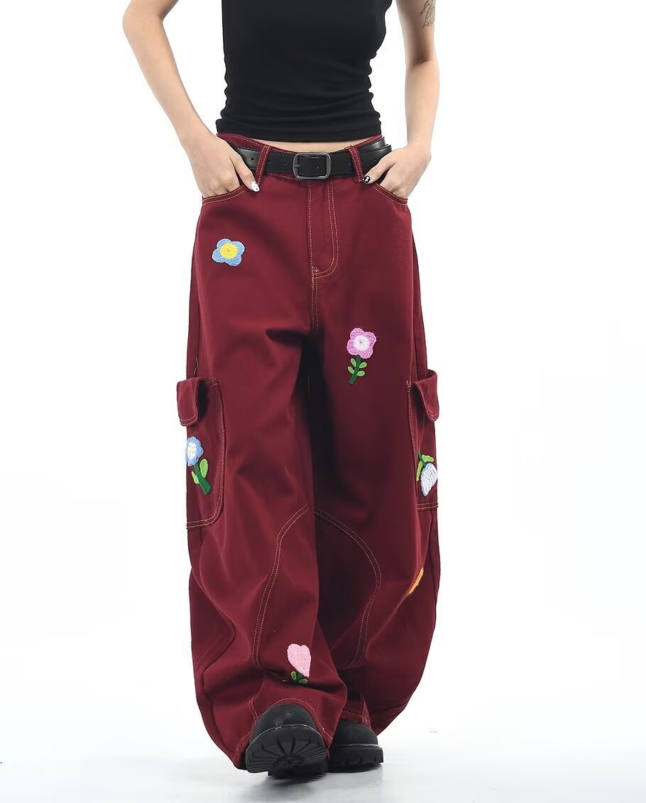 Burgundy Petal District Cargo Pants with Floral Embroidery and Comfortable Fit for Casual Wear