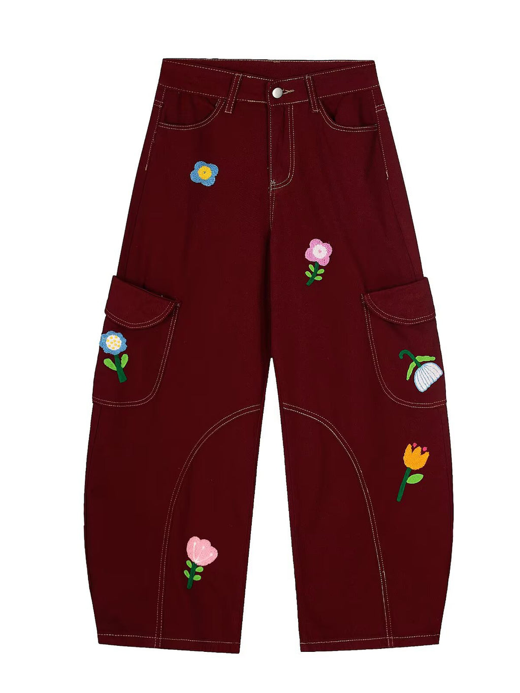 Burgundy Petal District Cargo Pants with Colorful Floral Embroidery and Spacious Pockets