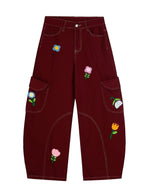 Burgundy Petal District Cargo Pants with Colorful Floral Embroidery and Spacious Pockets