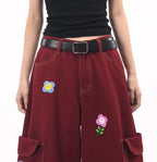 Petal District Cargo Pants in Burgundy with Embroidered Flowers and Side Pockets