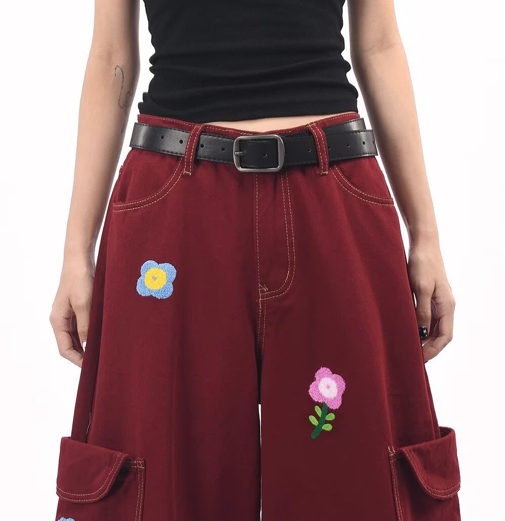 Petal District Cargo Pants in Burgundy with Embroidered Flowers and Side Pockets