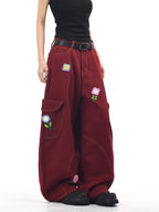 Petal District Cargo Pants in Burgundy with Floral Embroidery and Oversized Fit
