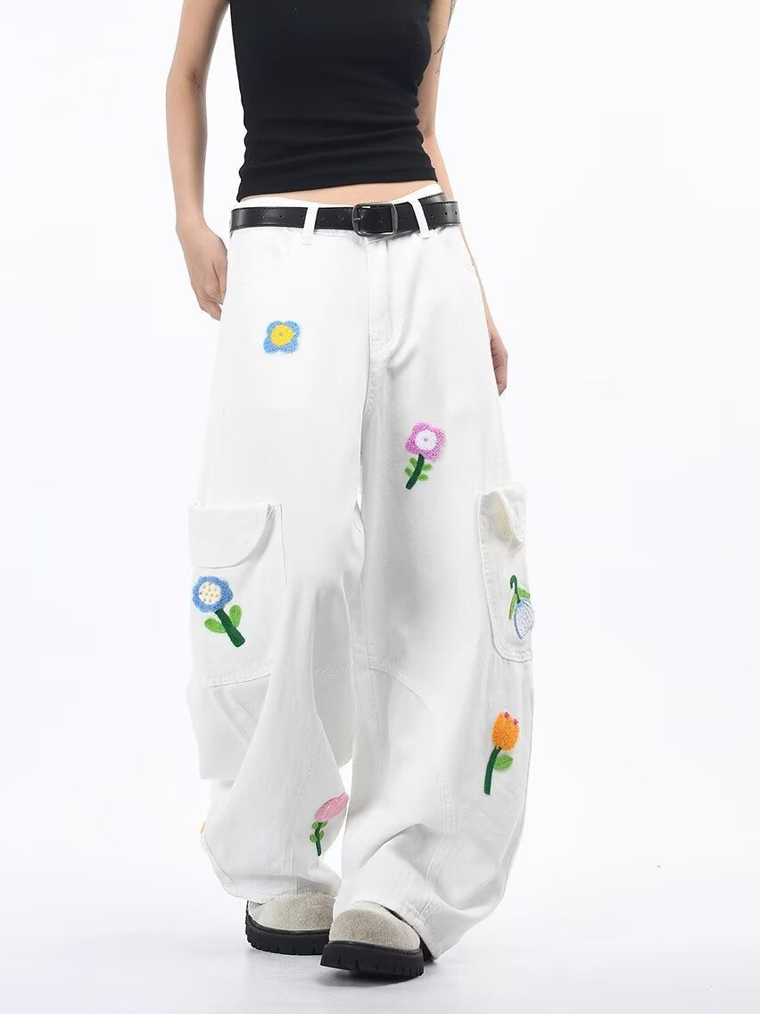 White Petal District Cargo Pants with Colorful Floral Embroideries and Relaxed Fit for Casual Style