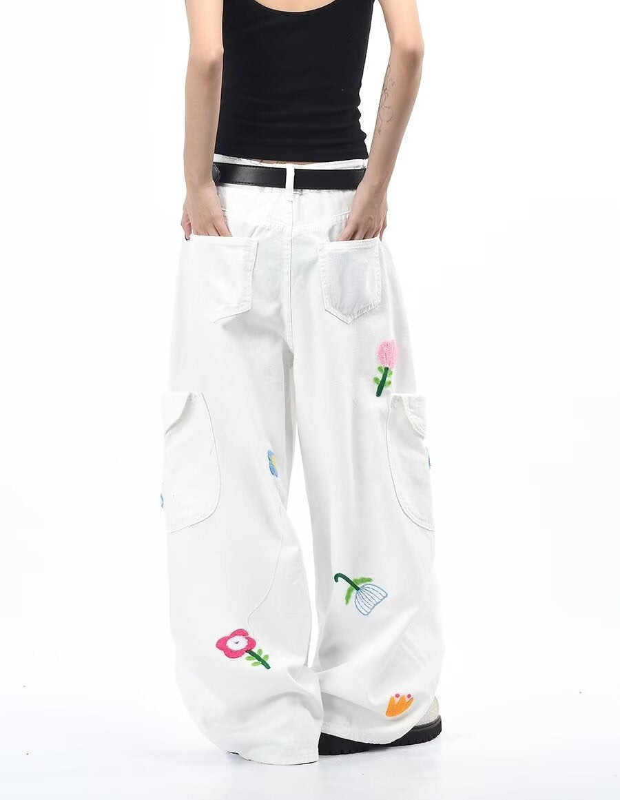 White Petal District Cargo Pants with Colorful Floral Embroidery and Spacious Pockets
