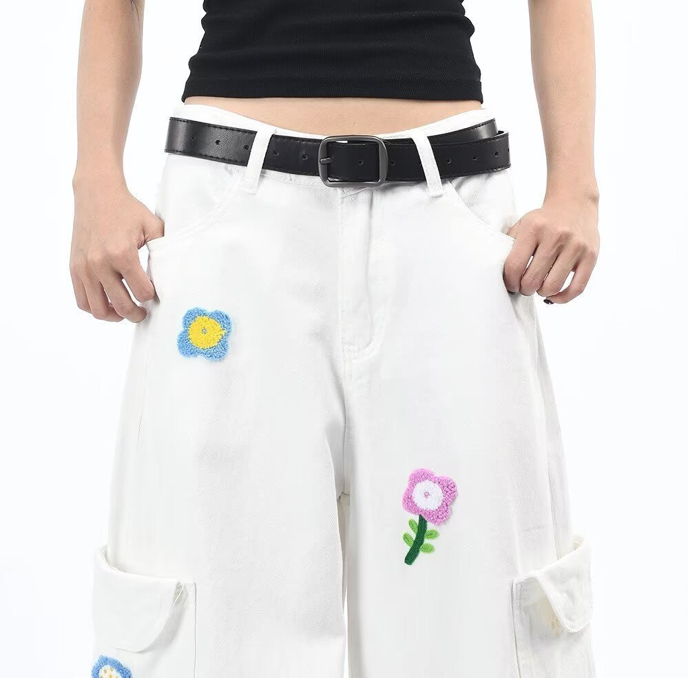 White Petal District Cargo Pants with Colorful Flower Embroidery and Black Belt for Stylish Comfort