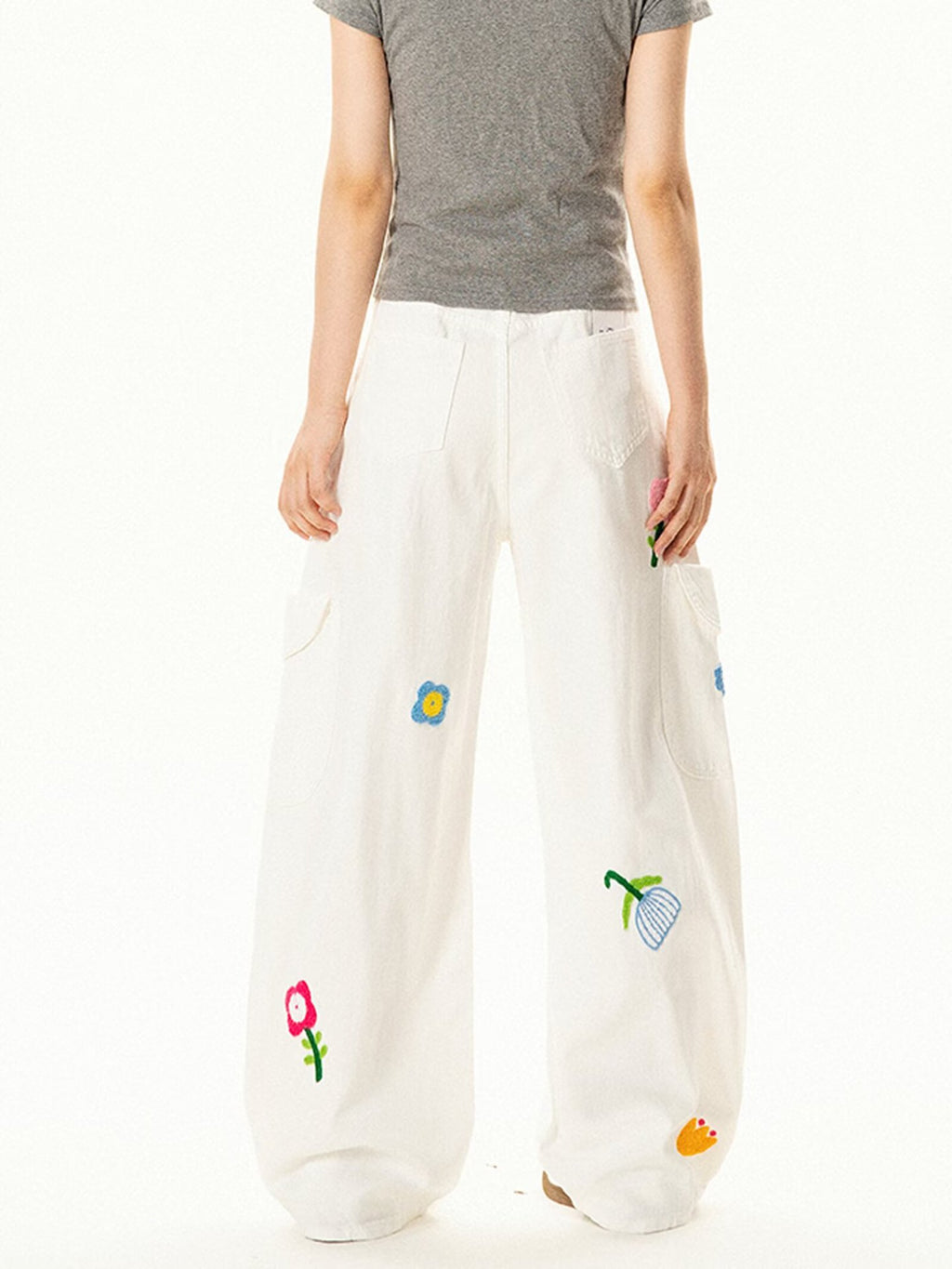 AM Vision RO Petal District Cargo Pants in white with colorful floral embroidery for casual style