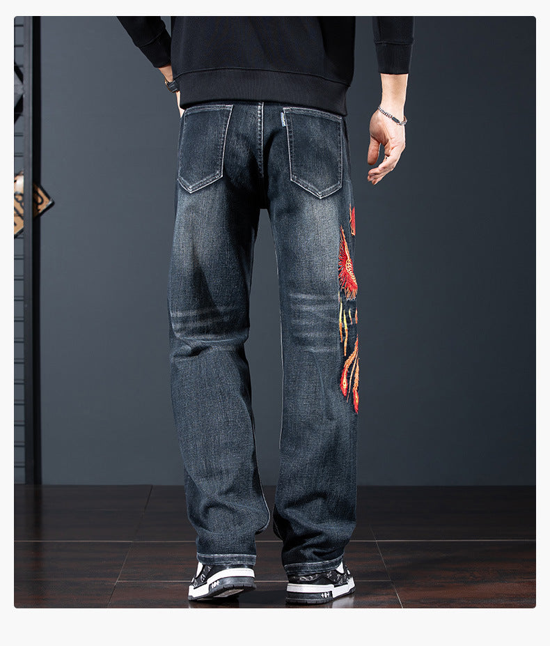 Phoenix Flight Embroidered Jeans with Unique Embroidery Design on the Back for Stylish Casual Wear
