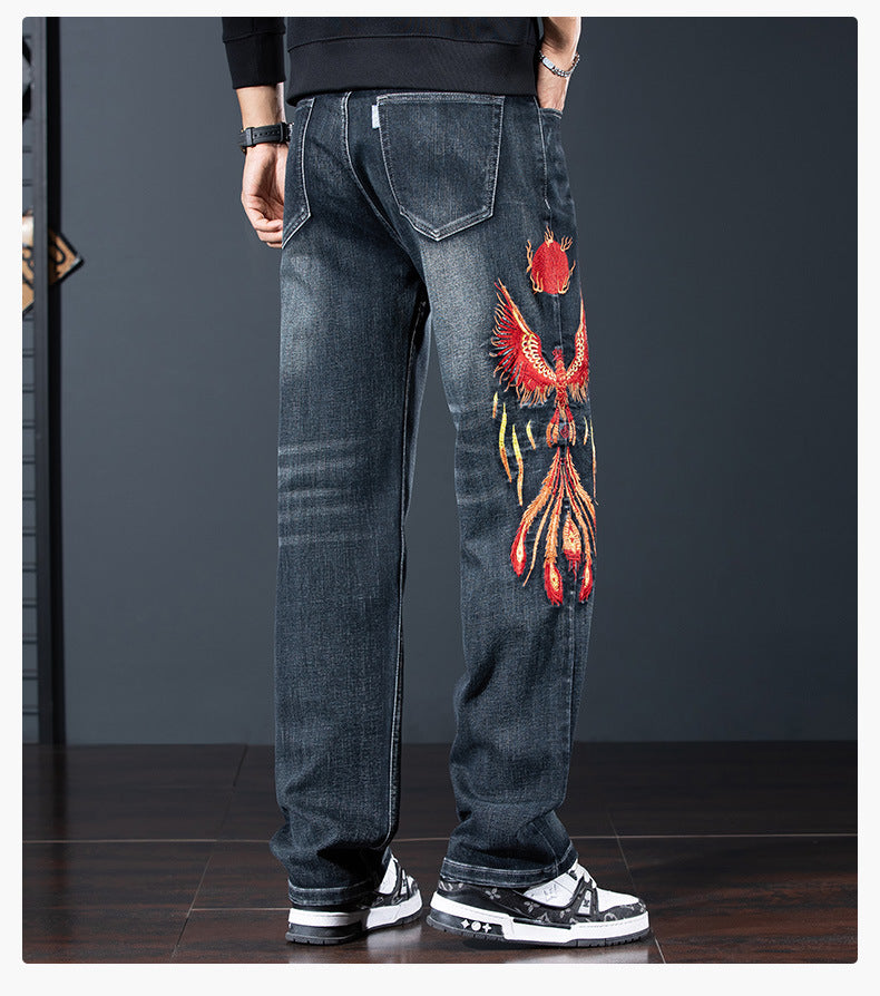 AM Vision RO Phoenix Flight Embroidered Jeans with vibrant phoenix design on the back