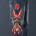 Phoenix Flight Embroidered Jeans featuring vibrant phoenix design on the leg for a unique style