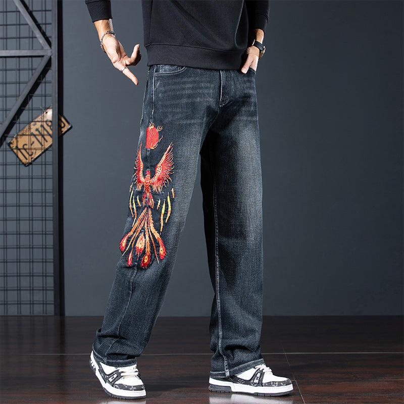 Phoenix Flight Embroidered Jeans with Vibrant Bird Design for a Stylish Look