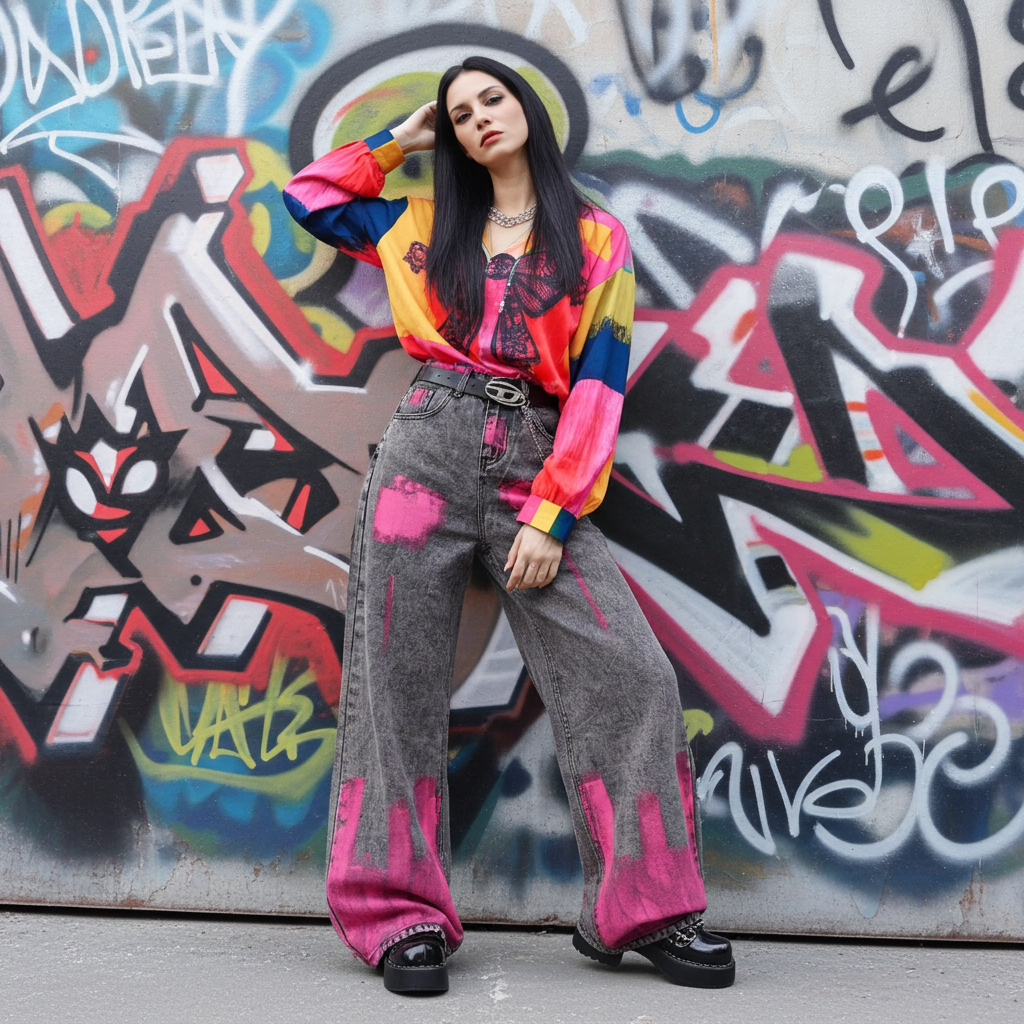 Model wearing Pink Brushstroke Gray Straight Leg Jeans with a colorful top against a graffiti background
