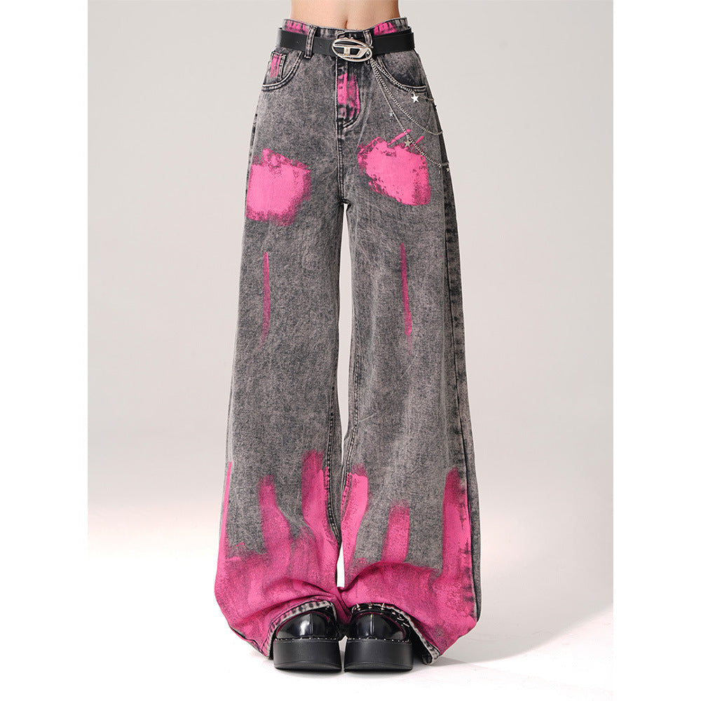 Pink Brushstroke Gray Straight Leg Jeans with a trendy oversized design and stylish belt detail