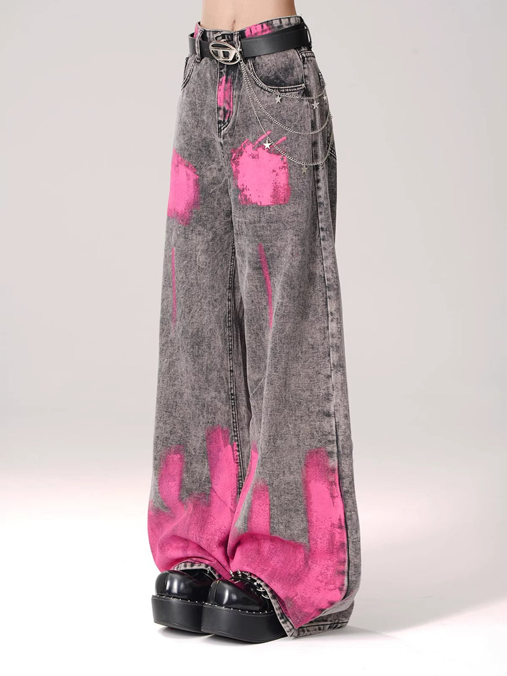 Pink Brushstroke Gray Straight Leg Jeans featuring a unique design with wide legs and stylish accents