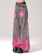 Pink Brushstroke Gray Straight Leg Jeans featuring a unique design with wide legs and stylish accents