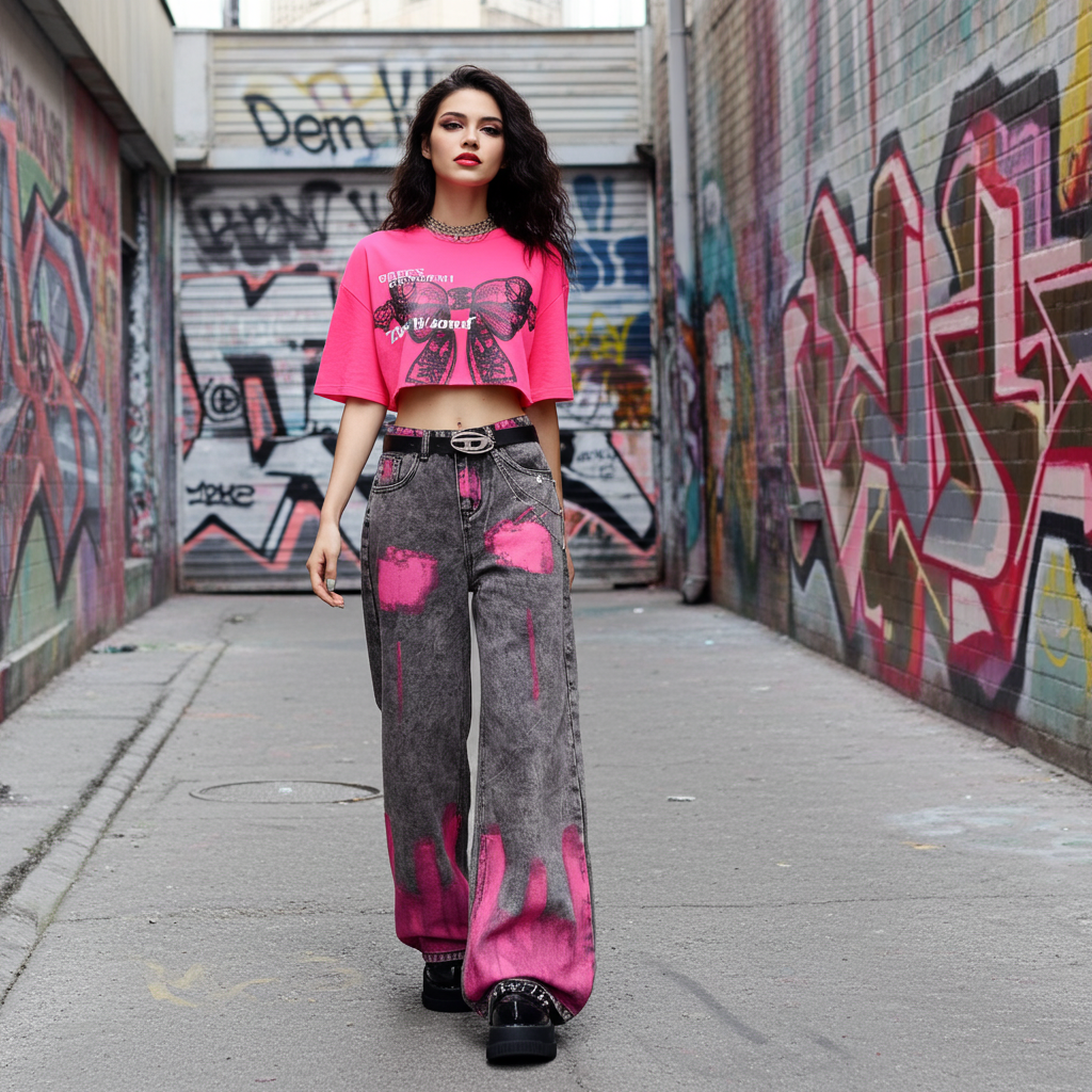 Stylish model wearing Pink Brushstroke Gray Straight Leg Jeans with graffiti background for urban fashion