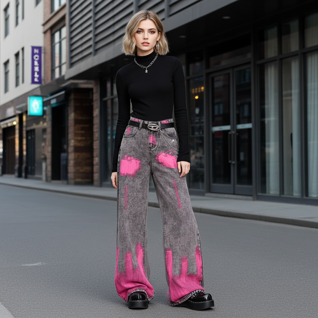 Fashionable model wearing Pink Brushstroke Gray Straight Leg Jeans paired with a black top and platform shoes