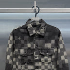 Stylish Plaid Jacquard Denim Jacket with unique checkerboard pattern and classic collar