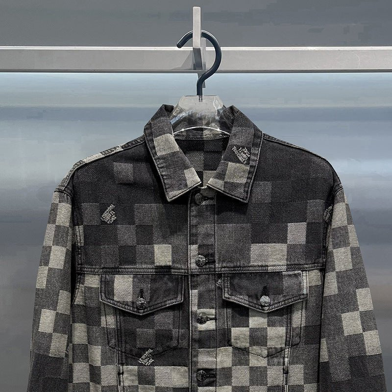 Stylish Plaid Jacquard Denim Jacket with Contrasting Patterns and Button Front Closure