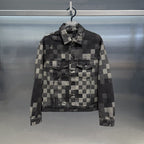 Plaid Jacquard Denim Jacket in Black and Gray with Classic Button Closure and Pockets
