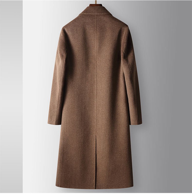 Back view of Premium Wool Coat With Goose Down Lining in rich brown color for stylish winter warmth