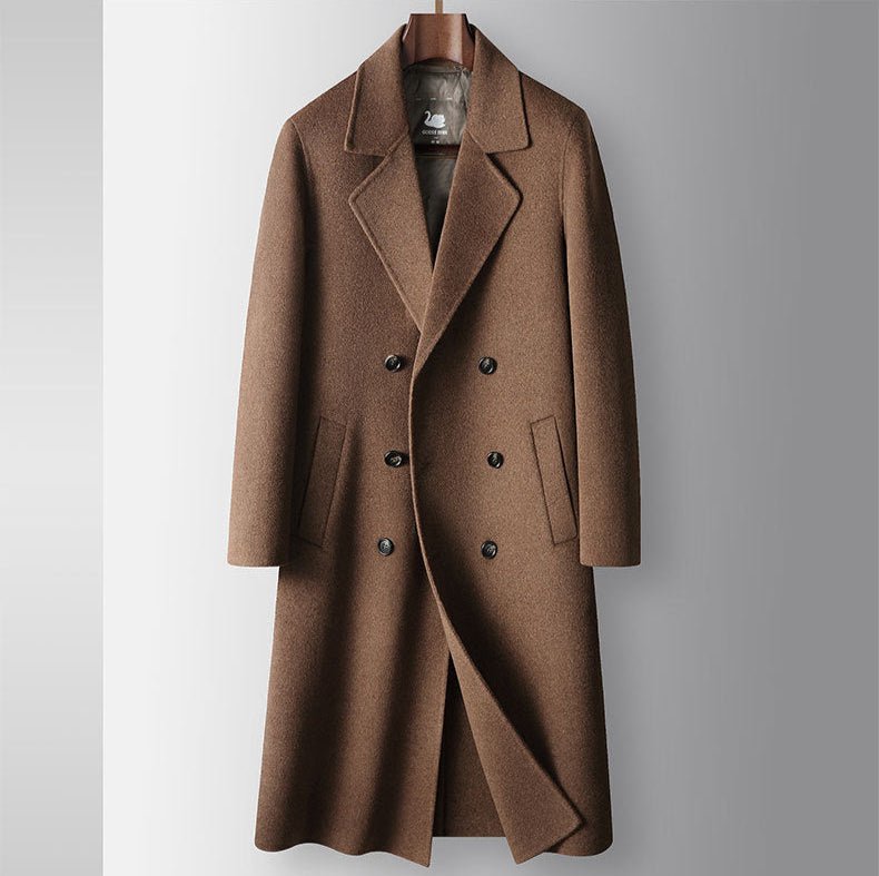 Elegant brown AM Vision RO Premium Wool Coat With Goose Down Lining, perfect for stylish winter wear.
