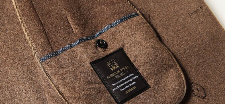 Close-up of a Premium Wool Coat With Goose Down Lining showcasing fine stitching and label details