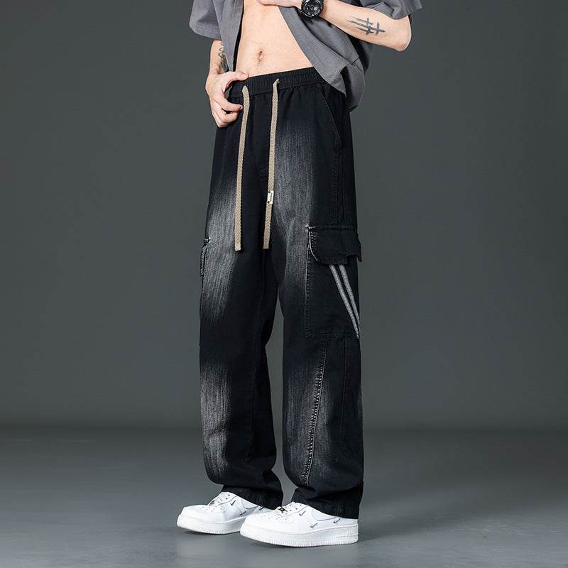 AM Vision RO Prewashed straight cargo pants in black with an adjustable drawstring waist and side pockets