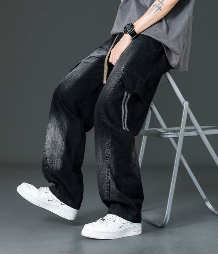 Stylish AM Vision RO prewashed straight cargo pants in black for a trendy casual look