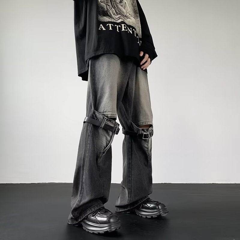 AM Vision RO prewashed streetwear jeans designed for a relaxed fit with unique buckle details