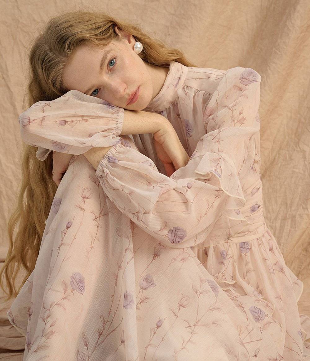 AM Vision RO Provence Bloom Midi Dress in Soft Pink with Floral Print and Ruffled Sleeves
