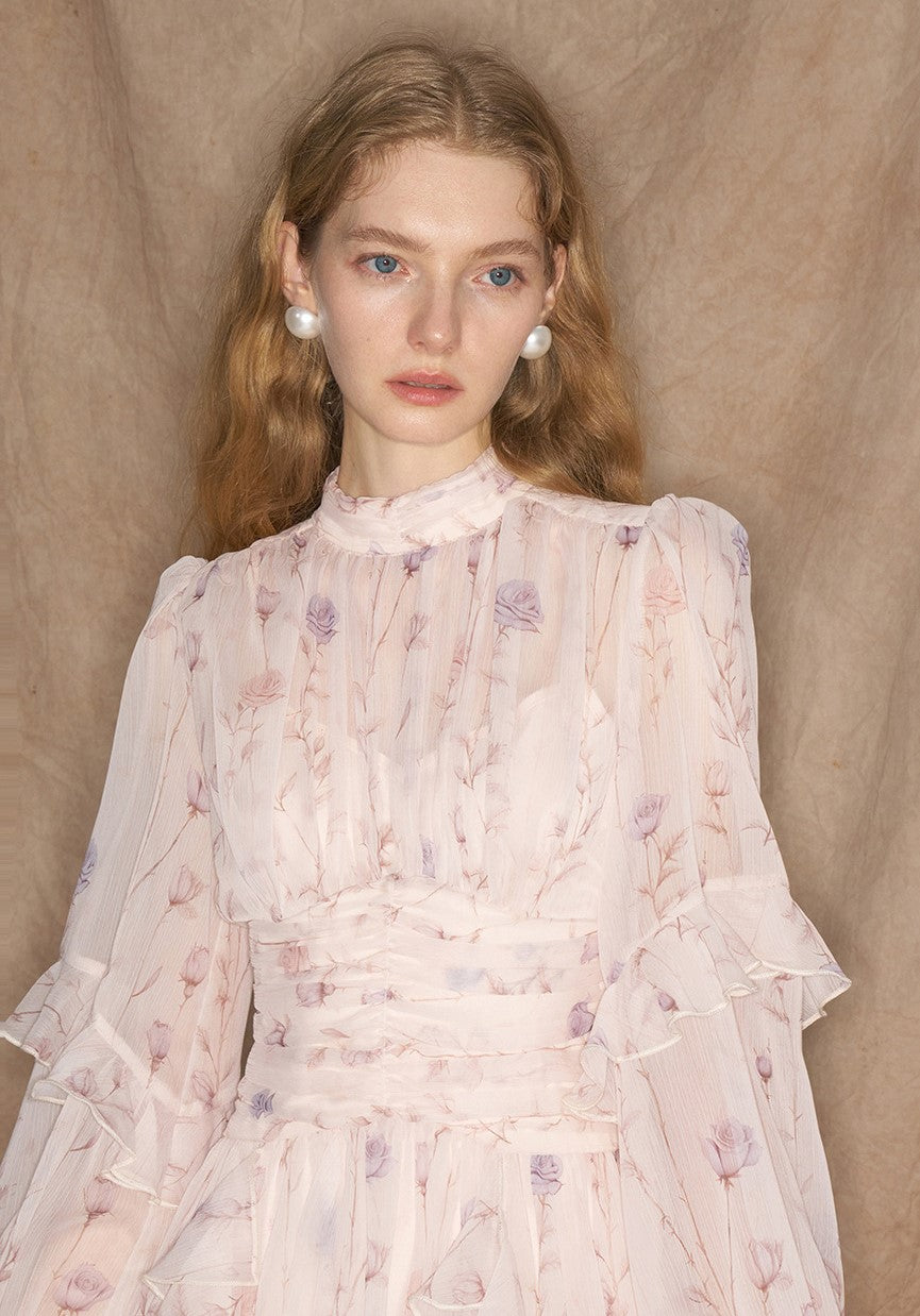 Elegant Provence Bloom Midi Dress in soft pink with floral patterns and ruffled sleeves